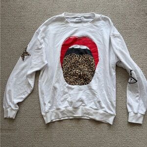 Lauren Moshi White Crewneck with Red Lips and Leopard Print